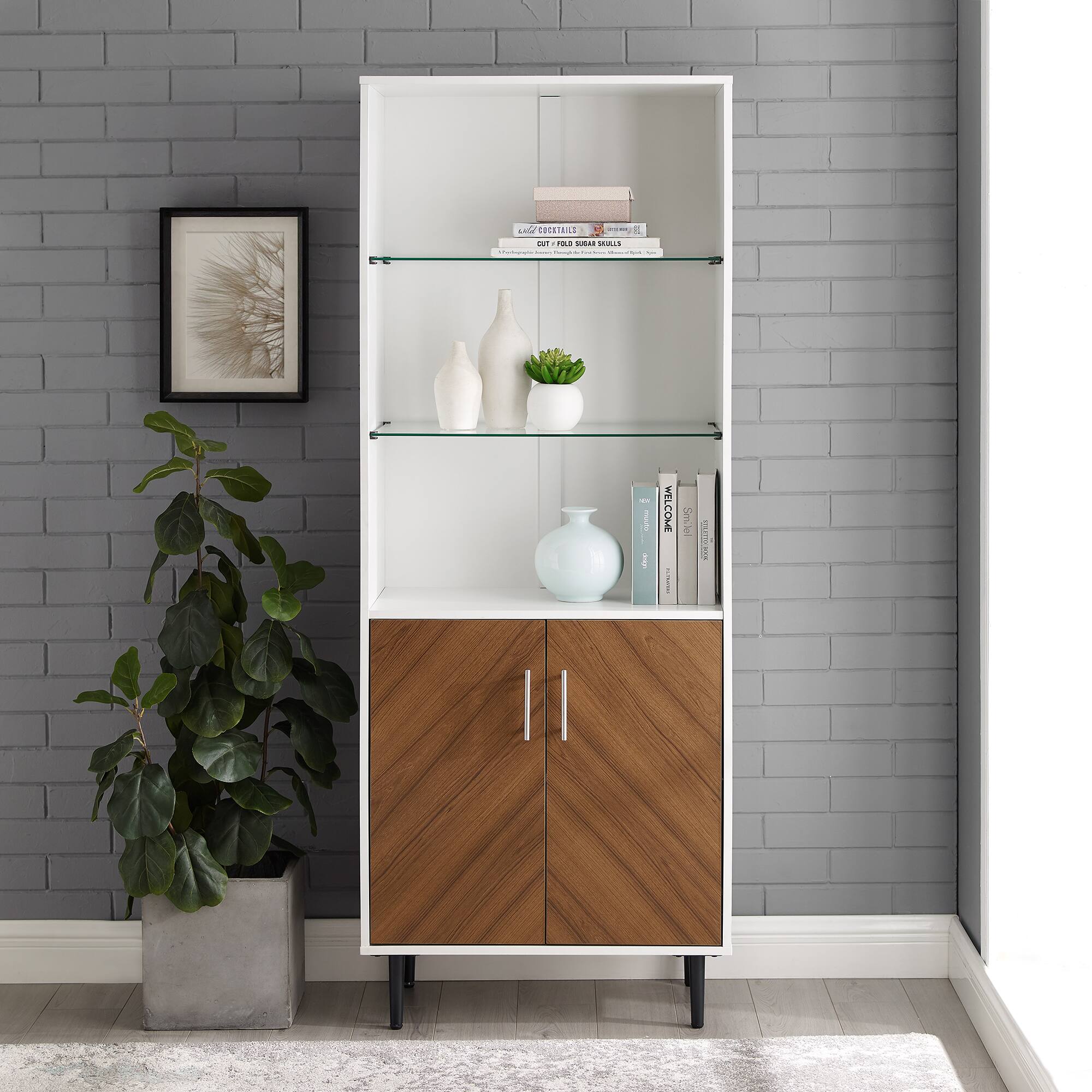 Walker Edison 68" Solid White Hutch with Bookmatch Doors